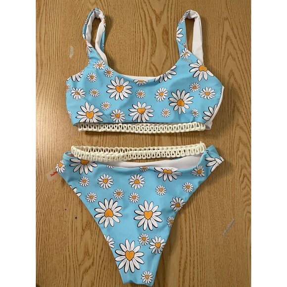 New Women’s 2Pc Sunflower 🌻 print Bikini 👙 Cheeky Swimsuit White Blue Small - Picture 3 of 4